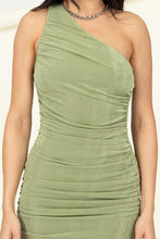 Load image into Gallery viewer, Slinky One Shoulder Ruched Asymmetric Hem Dress