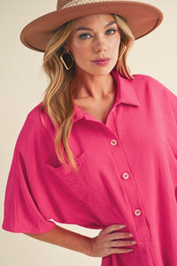 Bright Pink Half Button Collared Loose Romper