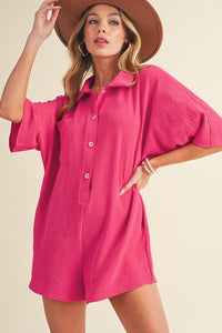 Bright Pink Half Button Collared Loose Romper