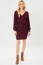Load image into Gallery viewer, Burgundy long sleeve off the shoulder knit dress with tie waist best selling 