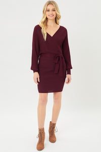 Burgundy long sleeve off the shoulder knit dress with tie waist best selling 