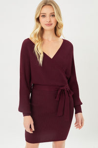 Off shoulder wrap dress knit dress burgundy dress long sleeve dress for fall