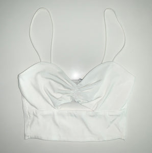 White open front ruched spaghetti strap crop top 