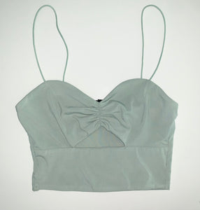 Sea foam open front ruched spaghetti strap crop top 