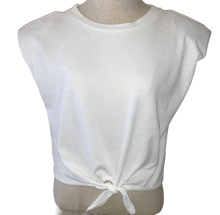 Load image into Gallery viewer, White waffle padded shoulder tie front top 