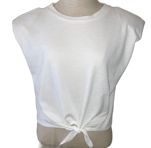 White waffle padded shoulder tie front top 