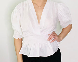 White vneck balloon sleeve blouse 