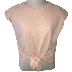 Light coral padded shoulder waffle tie front top 