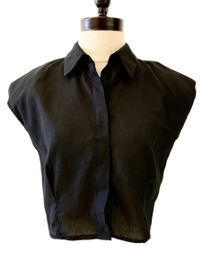 Black padded shoulders button up blouse 